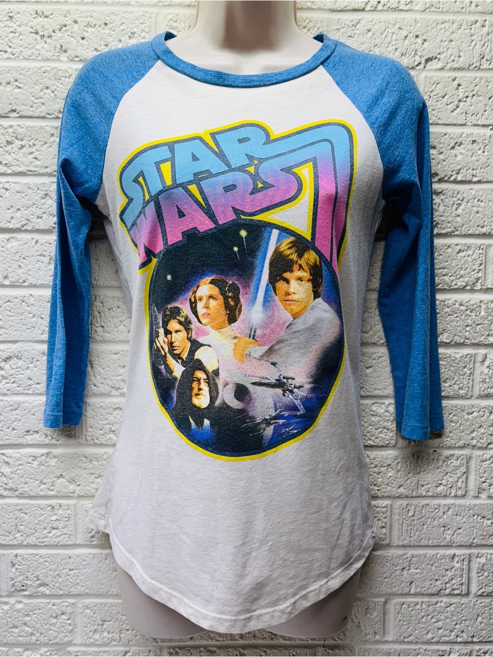 STAR WARS S Blue & White A New Hope Vintage-Style 3/4 Sleeve Raglan Shirt • VG‼